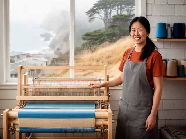 A smiling weaver beside a new wooden floor loom with a blue and sand striped cloth in a coastal studio.