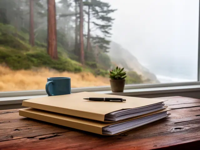 A neat stack of closed manila folders and a pen on a desk by a window.