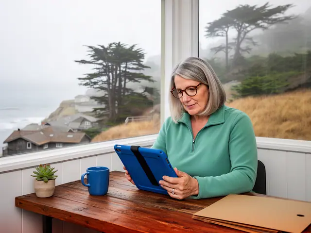 A woman with a chin-length gray-blonde bob and tortoiseshell glasses reviewing a tablet at a desk in a small back office.