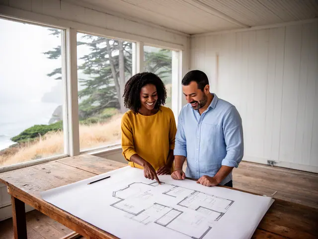 Two business partners looking over a pencil floor sketch in an empty storefront.