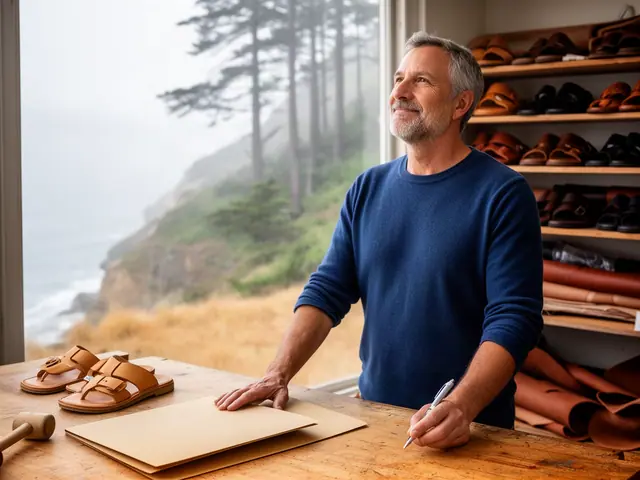 A man with short gray hair at a work table with a closed folder in a small leather sandal-making shop.